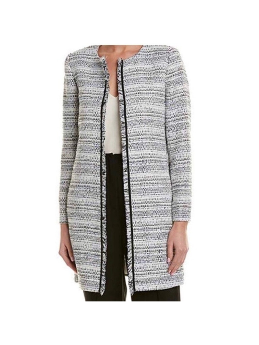 Tahari wool blend twill frayed detail tynic length open blazer sz 14 old money
